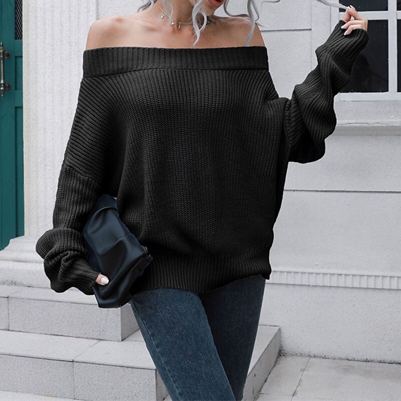 Damen Pullover Lässig Einfarbig Grobstrick Schulterfrei Gestrickt Langarm Normale Oberteile Stricken Täglich Ferien Ausgehen Schwarz Blau Herbst Winter 2025 - SGD S$35.94 –P8