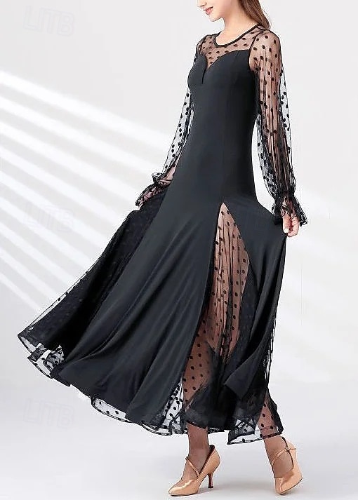 Damen Maxikleid Etui-Kleid Tüllkleid Elegant Hochzeit Urlaub Party Normale Passform Tupfen Langarm Rundhalsausschnitt Schwarz Sommer Frühling Herbst Winter 2025 - $39.99 –P1