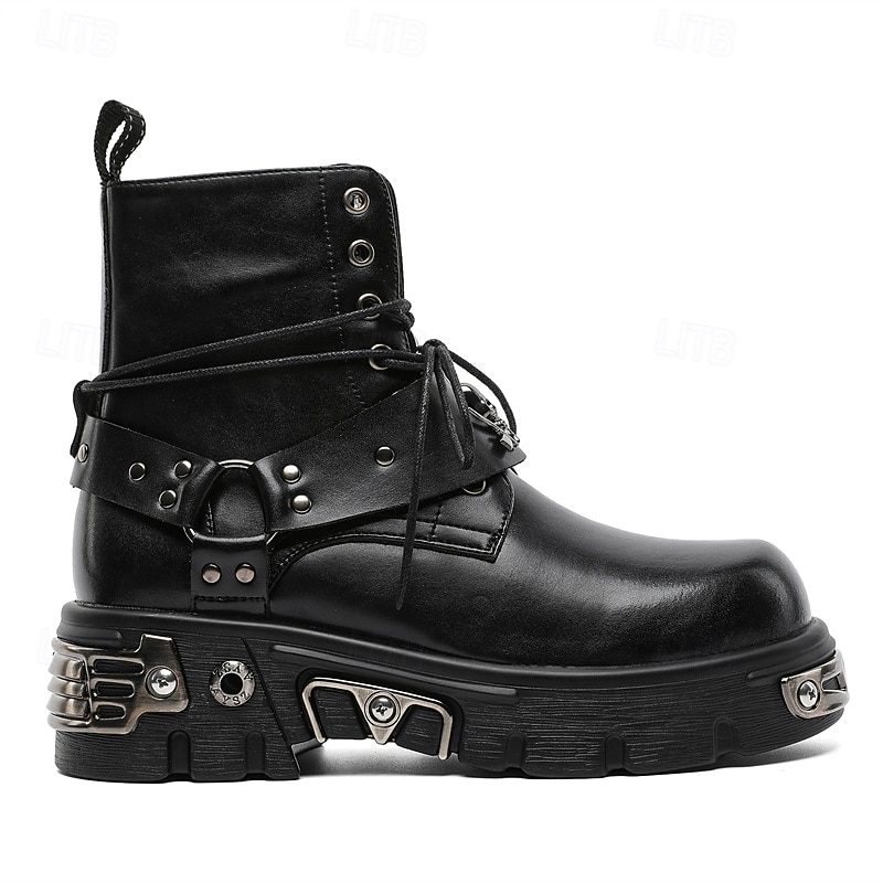 Ghete bărbătești negre cu șireturi și nituri gotice – ghete cu platformă punk rock pentru Halloween, concerte și ținute de stradă 2026 - $99.99 –P4
