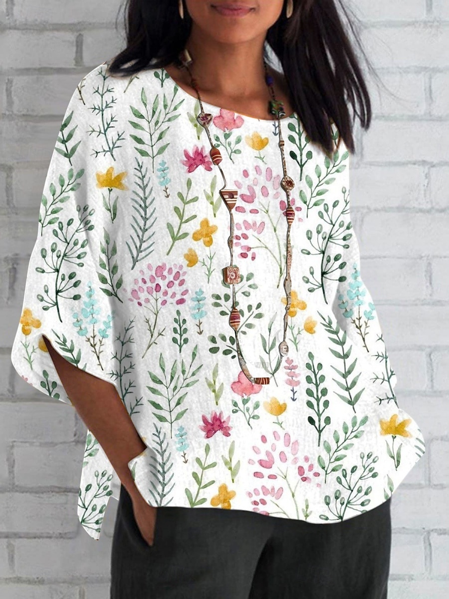 Damen Hemd Blumen Täglich Lässig Dreiviertelarm Rundhalsausschnitt Normale Oberteile Täglich Ferien Druck Weiß Blau Grün Sommer Frühling Herbst 2025 - $22.99 –P1
