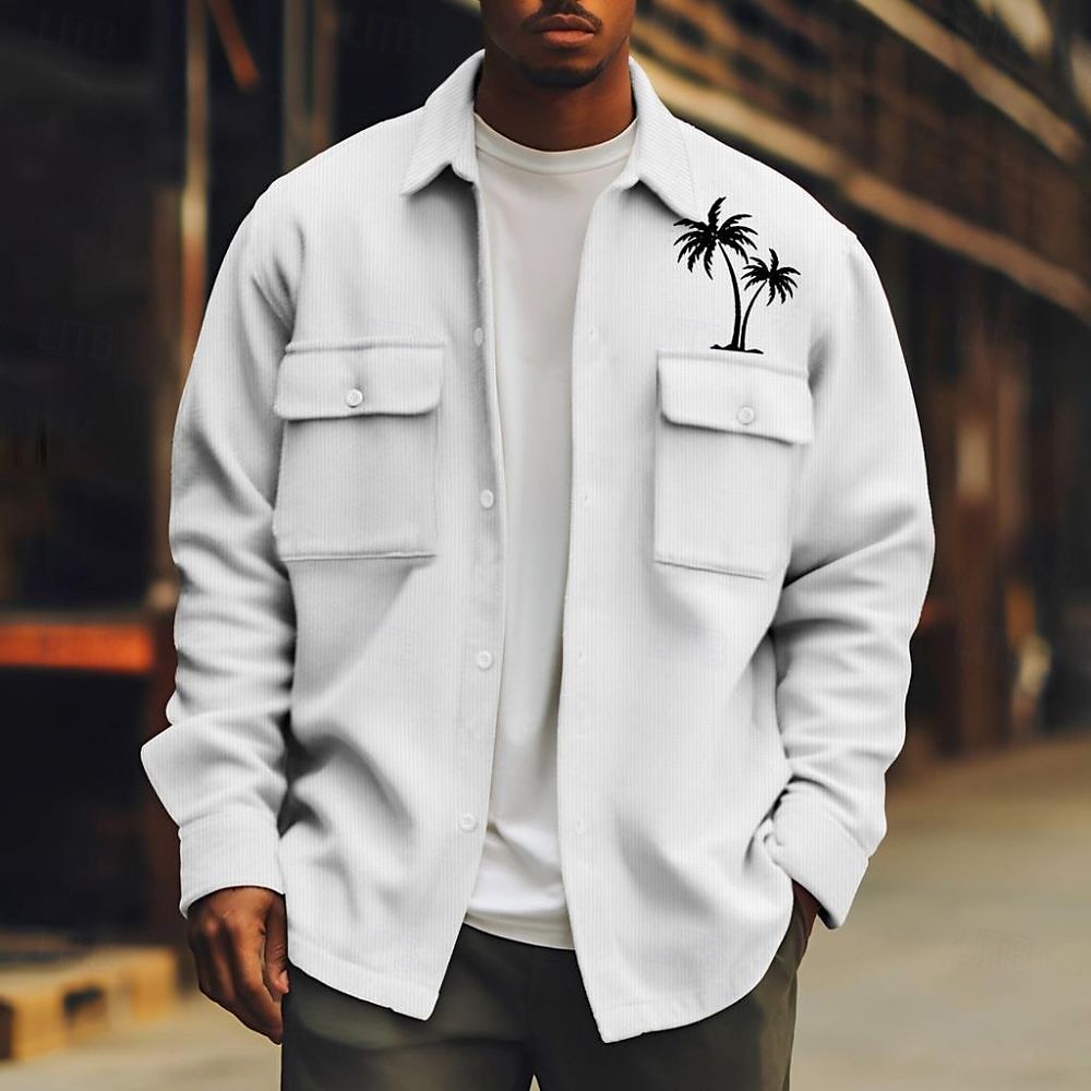 Men's Coconut Tree Corduroy Shirt Shacket Shirt Jacket Long Sleeve Casual Outdoor Dailywear Fall Winter Turndown Button-Down Warm Jacket with Flap Pockets Black White Green 2025 - $29.99 –P1