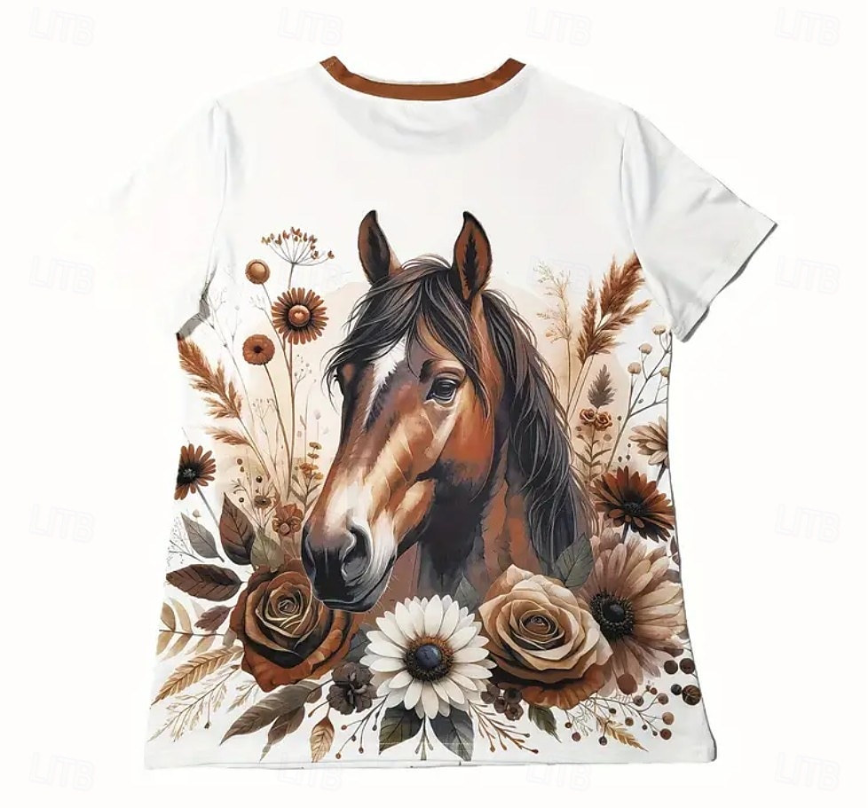Femmes T-shirt Graphique Animal Cheval ancien Élégant Classique Manche Courte Col ras du cou Col rond Hauts Réguliers Quotidien Week-end Imprimé Noir Blanche Bleu Bleu Poudré Été Printemps de 2025 ? $19.99 –P3