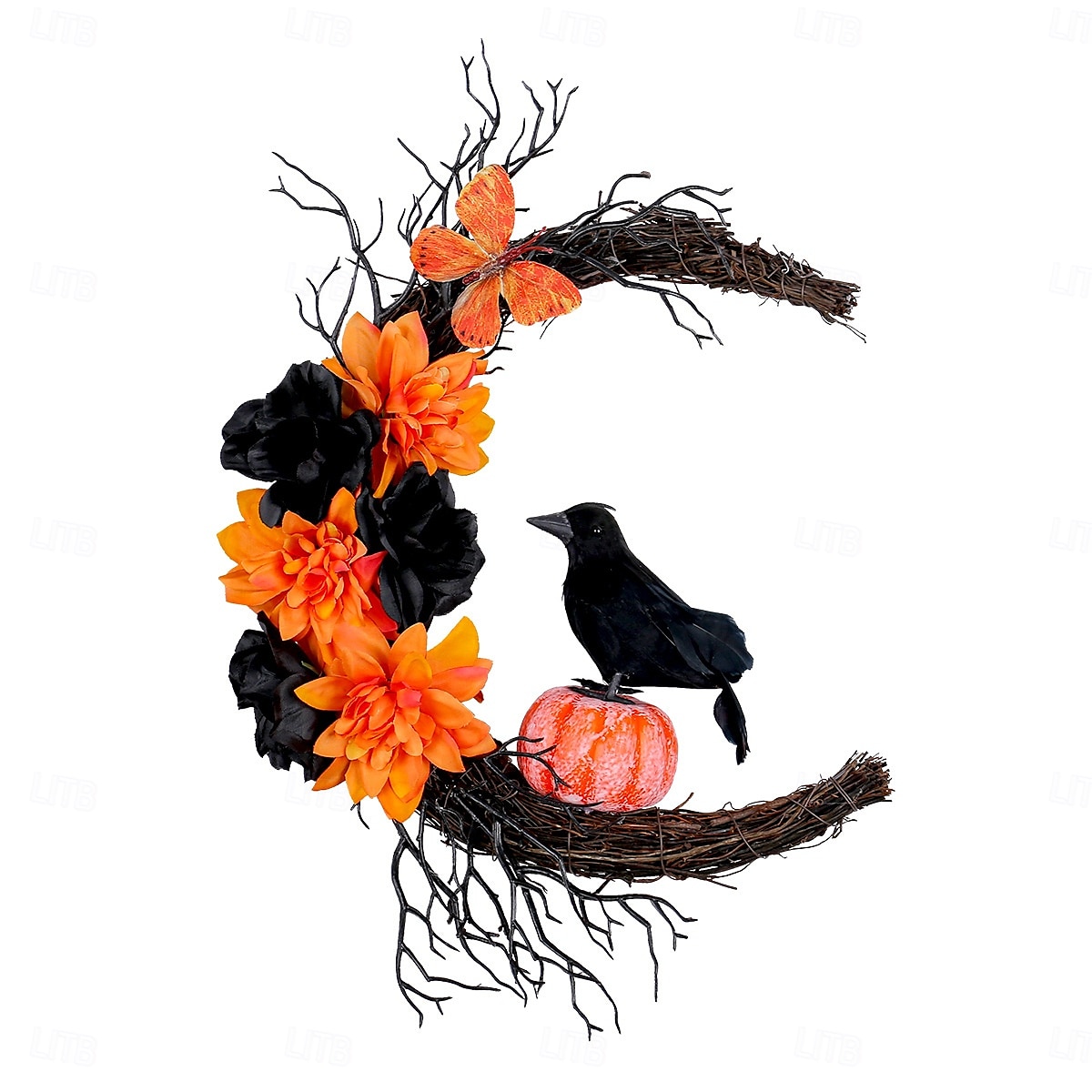 Couronne d'Halloween pour décoration intérieure et extérieure de porte d'entrée, guirlande de lune de corbeau noir orange avec citrouille, brindilles, anneau de vigne pour décoration murale de fête de 2025 ? $17.99 –P5
