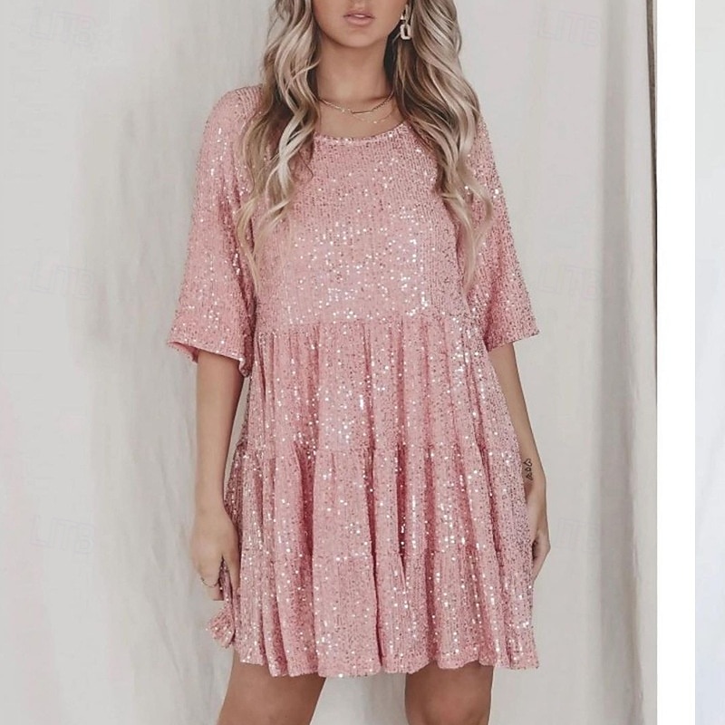 Per donna Mini Abito Abito con Paillettes Abito da Cocktail Moda Moderno Festa serale Cocktail party Vestibilità regolare Semplice Manica Corta Girocollo Argento Grigio nero Nero Bianco Estate del 2025 a $27.99 –P7