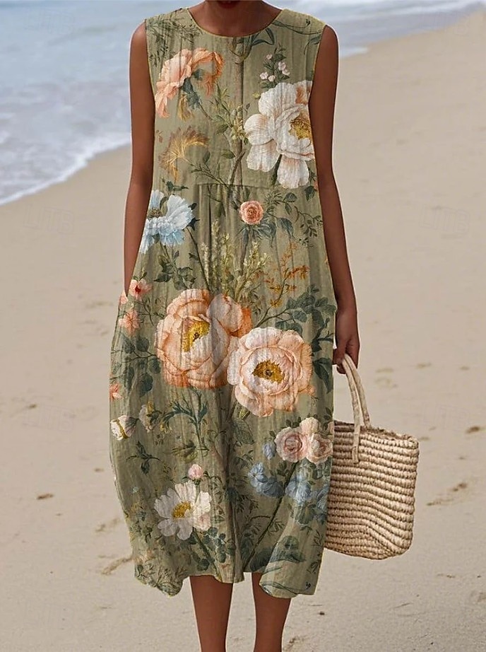 Damen Midi Kleid Leinenähnliches Sommerkleid Shift Kleid A-Linien Kleid Urlaub Freizeit Boho Party Ausgehen Strand Lockerer Schnitt Floral Grafisch Ärmellos Rundhalsausschnitt Hellgelb Tiefgrün Grau 2026 - $39.99 –P6