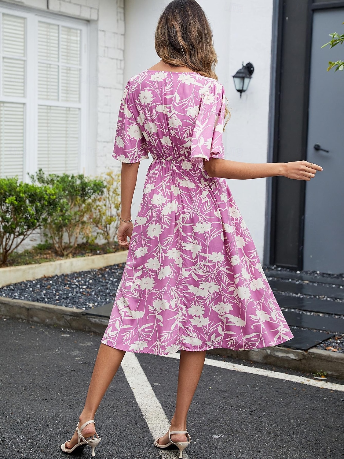 Damen Midikleid A Linie Kleid Urlaub Boho Strand Trompetenärmel Party Ausgehen Strand Lässiger Schnitt Blumen Grafik Kurzarm V Ausschnitt Violett Sommer Frühling 2025 - $28.99 –P2