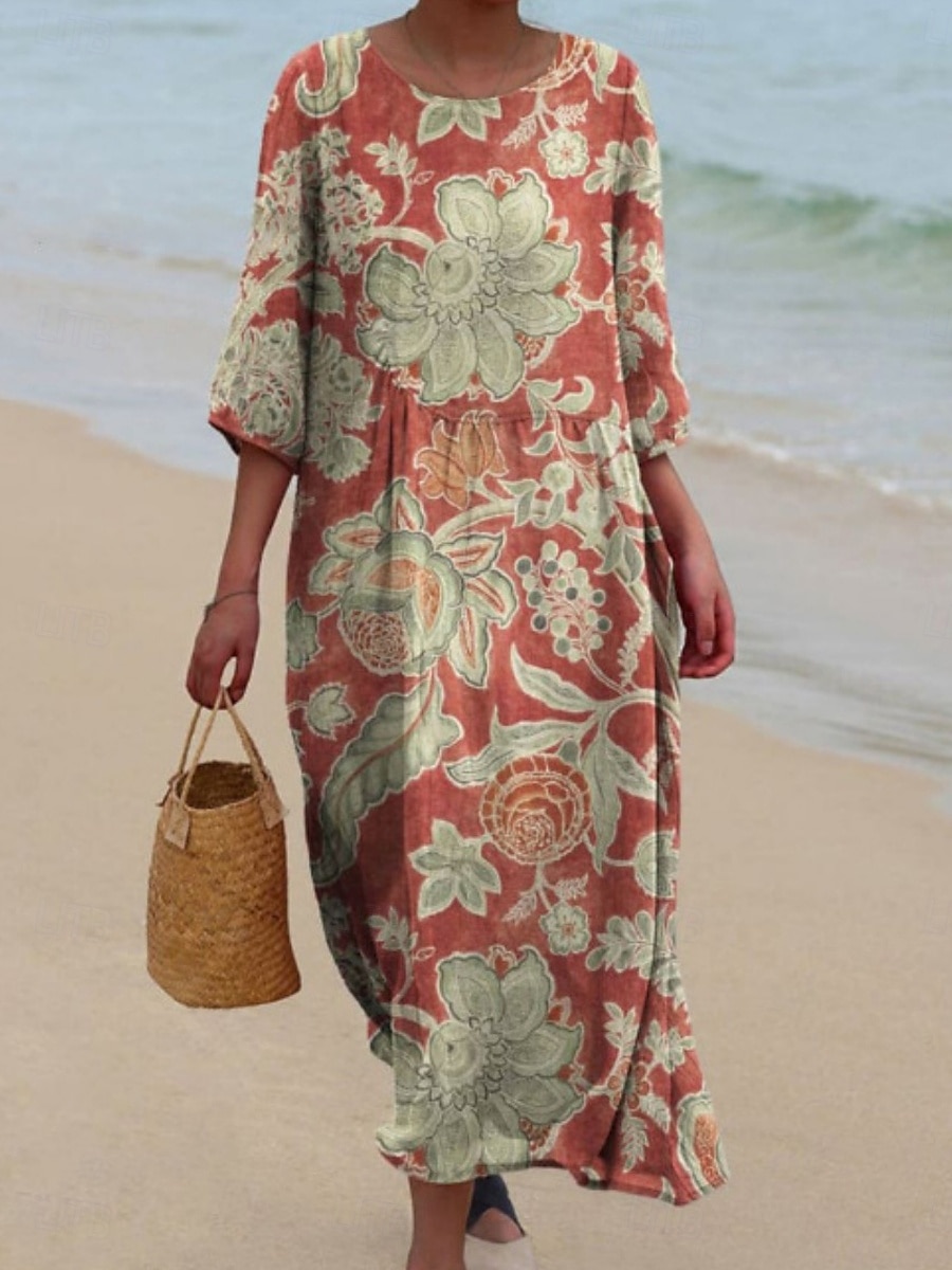 Dame Midikjole Uformell kjole Print kjole Årgang afrikansk Daglig Strand Helg Normal Blomstret 3/4 ermer Crew-hals Rosa Rød Fuksia Grønn Sommer Vår Høst 2025 - $31.99 –P1