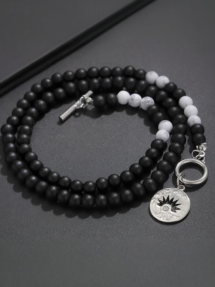 Herrekjede med natursteinperler – svart og blå edelstenshalskjede med solanheng og vippelås for bohemsk eller festantrekk 2026 - $9.99 –P6