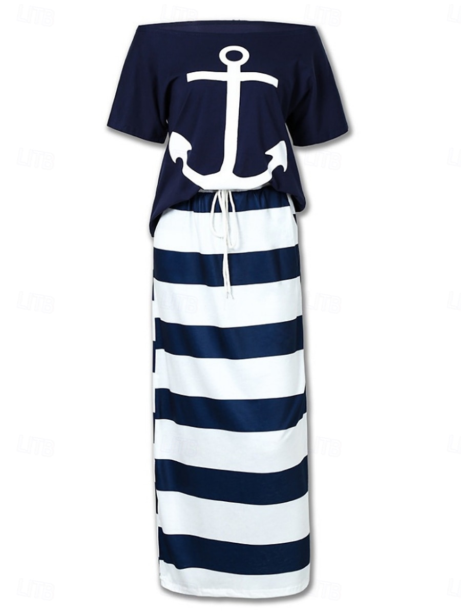 Pentru femei Set de rochii Rochii Tricou Casual Dunga Cordon Imprimeu Rochie Maxi Manșon scurt De Pe Umăr În aer liber Zilnic Alb Albastru piscină Vară Primăvară Fit regulat 2025 - $23.99 –P3