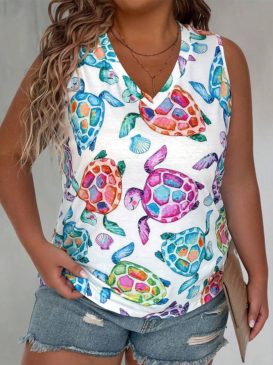 Femmes Grande taille Hauts T-shirt Graphique Animal Sans manches Col en V Occasionnel Quotidien Polyester Été Bleu de 2025 ? $22.99 –P5