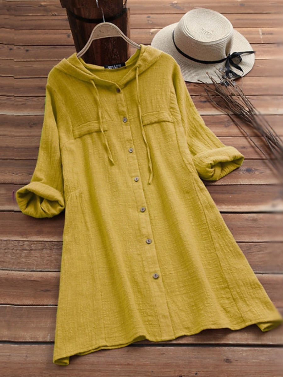Mulheres Blusa Côr Sólida Casual Manga Longa Com Capuz Tops longos Diário Bolsos Botões Amarelo Vinho Fúcsia Cinzento Verão Outono de 2025 por $23.99 –P5