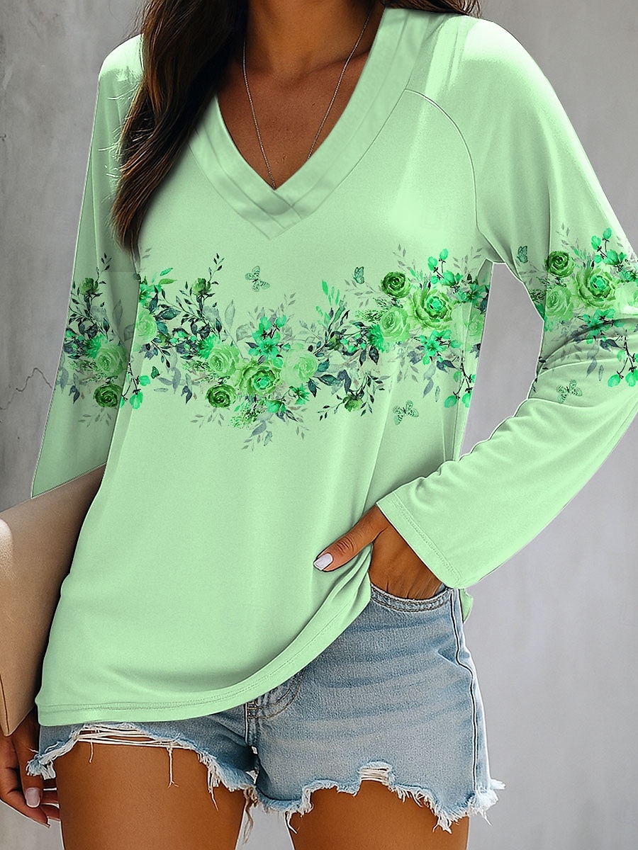 Femmes T-shirt Fleuri Graphique Plantes Élégant ancien Classique manche longue Col en V Hauts Réguliers Quotidien Sortir Week-end Imprimé Blanche Rose Claire Bleu Vert Été Printemps Automne de 2025 ? $22.99 –P4