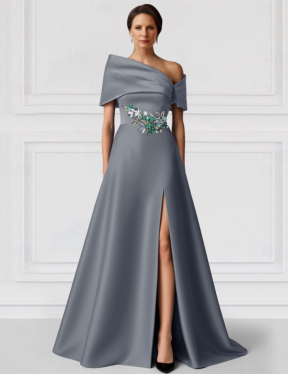 Svartgrön A-linjeformad aftonklänning elegant klänning formell bröllopsklänning golvlång kortärmad bar axelband champagnefärgad klänning till brudens mor satin med glitterficka 2025 2025 - $145.99 –P3