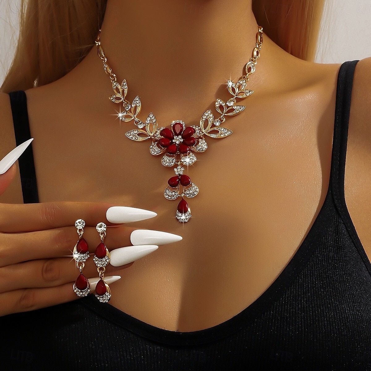 Conjunto de collar y pendientes de cristal azul bañados en oro para mujer con diseño floral: elegante joyería de fiesta para eventos formales y celebraciones nocturnas. 2025 - $14.99 –P5