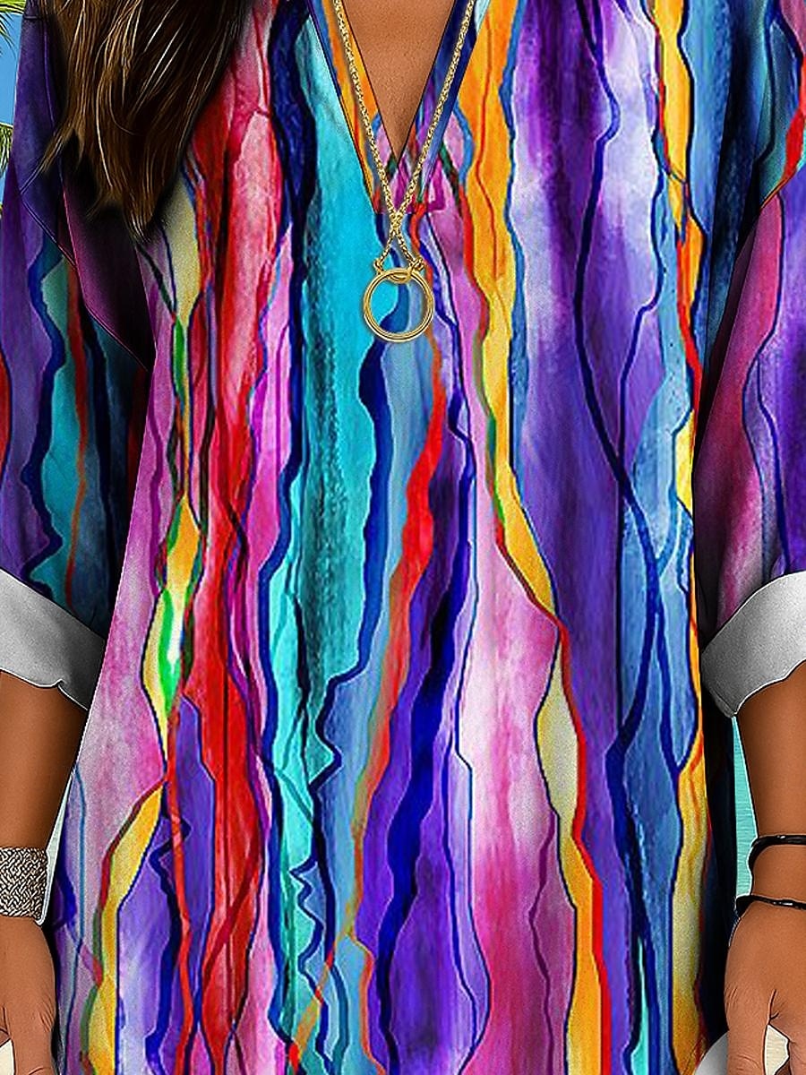 Women's Shirt Cotton Linen Shirt Blouse Ombre Graphic Geometric Daily Hawaiian Business Long Sleeve V Neck Regular Tops Work Daily Holiday Buttons Print Black And White Yellow Red Purple Green Summer 2025 - $24.99 –P3