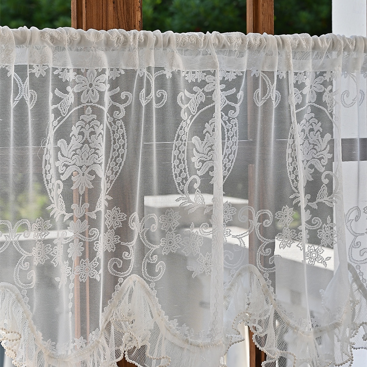Lace Ruffled Kitchen Short Curtain Valance Vintage Floral Embroidered Short Sheer Cafe Curtain for Kitchen Window Rod Pocket Scalloped Bottom Beaded Sheer Valance1 Panel 2026 - $10.99 –P14