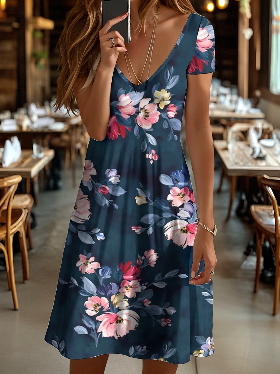 Dam Mini klänning Vardagsklänning T shirtklänning Solklänning A linjeklänning Semester Ledigt Boho Strand Normal Blommig Grafisk Kortärmad V-hals Rubinrött Blå Purpur Brun Sommar Vår 2025 - $23.99 –P1