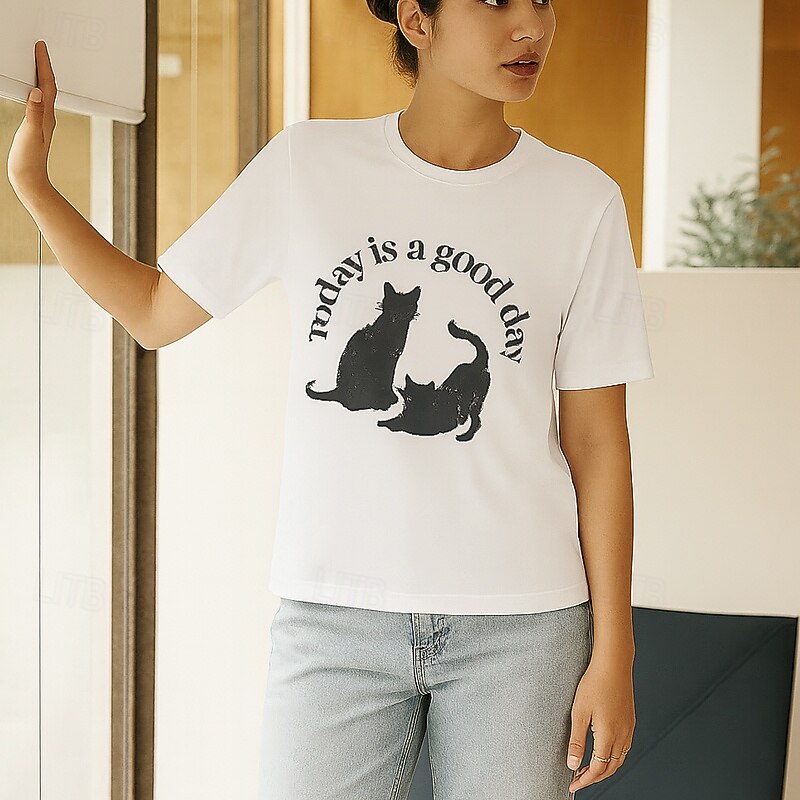 Maglietta da donna in 100% cotone con stampa di animali, gatti e lettere, elegante, basic, moderna, a maniche corte, girocollo, regular, per tutti i giorni, sportiva, per uscire, nera e bianca, del 2025 a $31.99 –P1