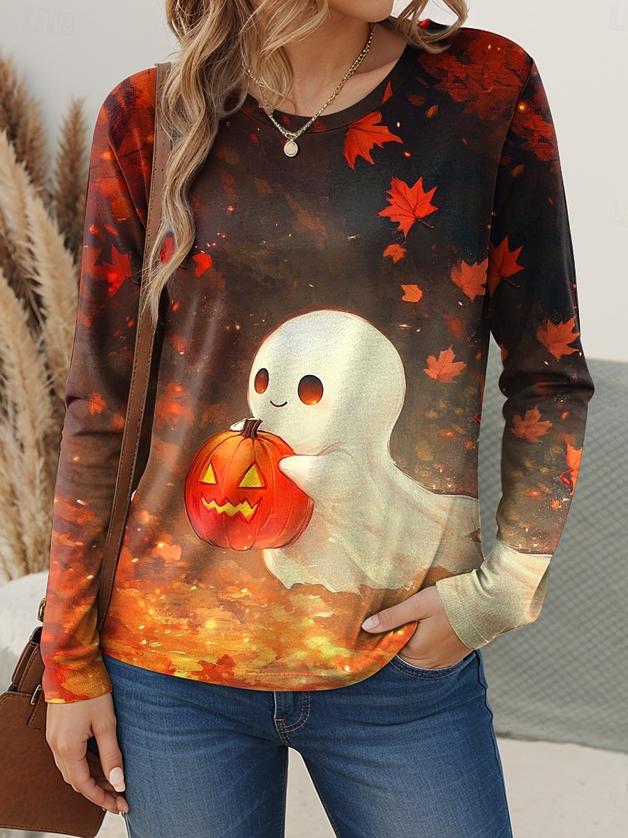 Halloween Pentru femei Tricou Grafic Dovleac Epocă Stilat Clasic Manșon Lung Stil Nautic Topuri obișnuite Zilnic Sfârșit de săptămână Imprimeu Negru Roșu-aprins Fucsia Portocaliu Primăvară Toamnă 2025 - $22.99 –P5