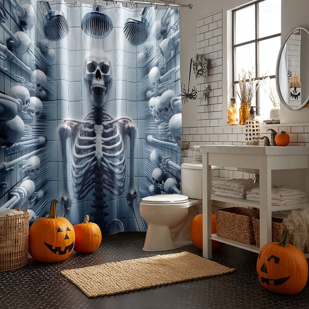 Halloweenský sprchový závěs s háčky, polyesterový, pratelný, voděodolný, vzorovaný, koupelnová vana, dekorace 2025 - $21.99 –P17