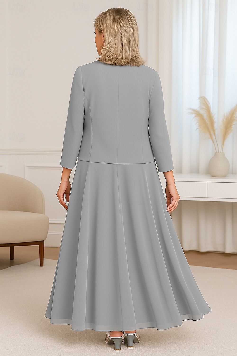 zweiteiliges A-Linien-Kleid mit Perlenspitze für die Mutter der Braut, elegant, schlicht, luxuriös, V-Ausschnitt, bodenlang, Maxilänge, Chiffon, kurze Ärmel, mit Stretch-Krêpe-Jacke 2025 2025 - $155.99 –P3
