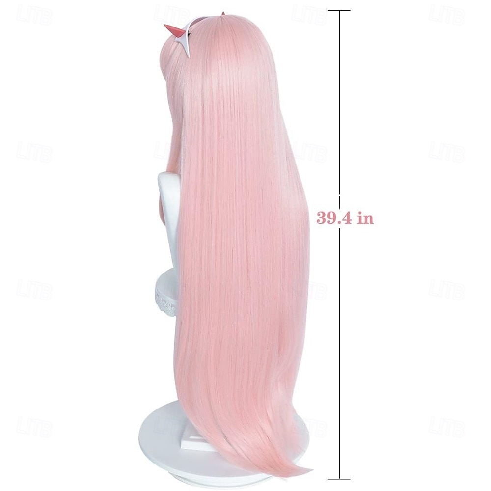 Perruque rose pastel longue et raide pour femme, cosplay anime Zero Two 02, avec corne, 99 cm de 2025 ? $26.99 –P3