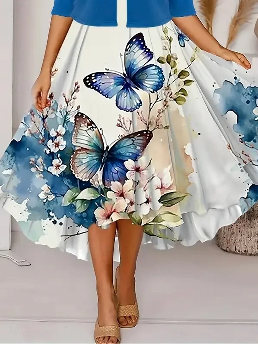 Dam Klänning Set A linjeklänning Sommarklänning Ledigt Semiformella klänningar Blommig Grafisk Mönster Midiklänning Kortärmad Rund hals Semester Datum Himmelsblå Sommar Vår Normal 2025 - $36.99 –P3
