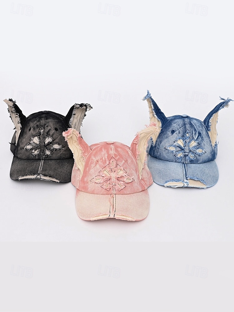 Gorra de béisbol vaquera desgastada para mujer con orejas de gato: sombrero vintage para disfraz de Halloween, estilo lindo y vanguardista para fiestas, cosplay y festivales. 2025 - $24.99 –P5