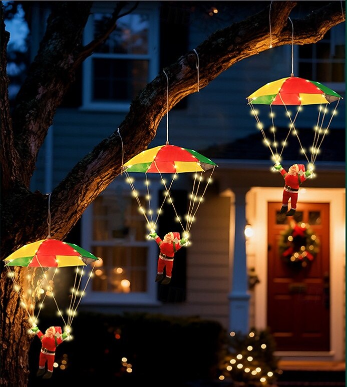 1 kpl jouluinen joulupukin laskuvarjohyppyriipus riippuvalaisin, nahkalankavalaisin, sisä- ja ulkokäyttöön tarkoitettu joulutunnelmavalaisin, aurinko-/AAA-paristokotelo/USB-virtalähde 2026 - $26.99 –P9