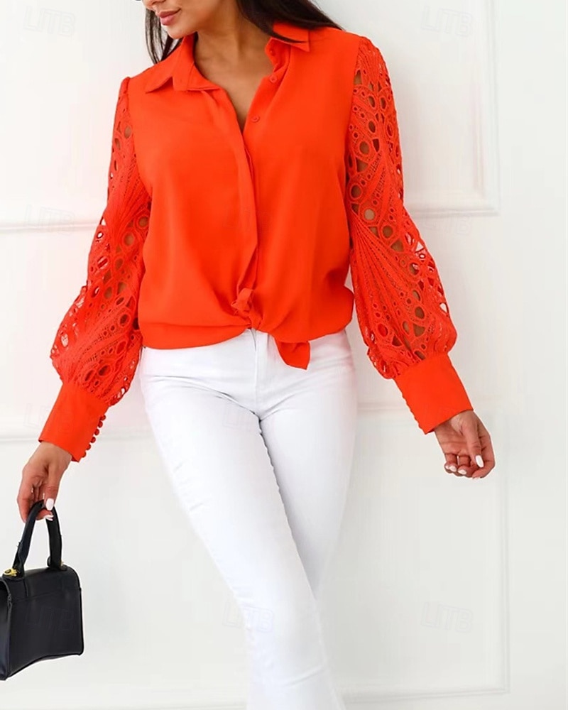 Damen Hemd Einfach Täglich Stilvoll Basic Langarm Hemdkragen Normale Oberteile Arbeit Täglich Ferien Spitze Ausschnitt Knöpfe Orange Frühling Herbst 2025 - $18.49 –P1
