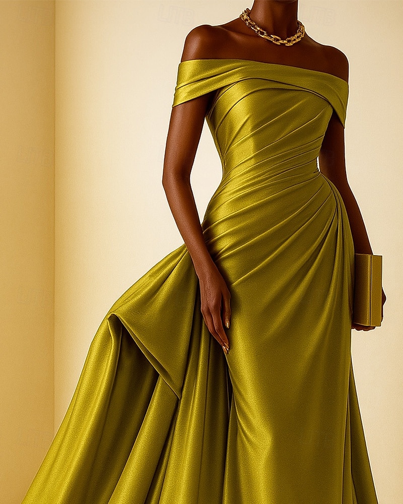 Hohe Mode Abendkleid Schwarz-Tie Meerjungfrau  Trompeten Abendkleid Elegantes Kleid Formelle Hochzeit Gericht Zug Ärmellos Off-Shoulder Satin mit Falten Raffung 2025 - $159.99 –P2