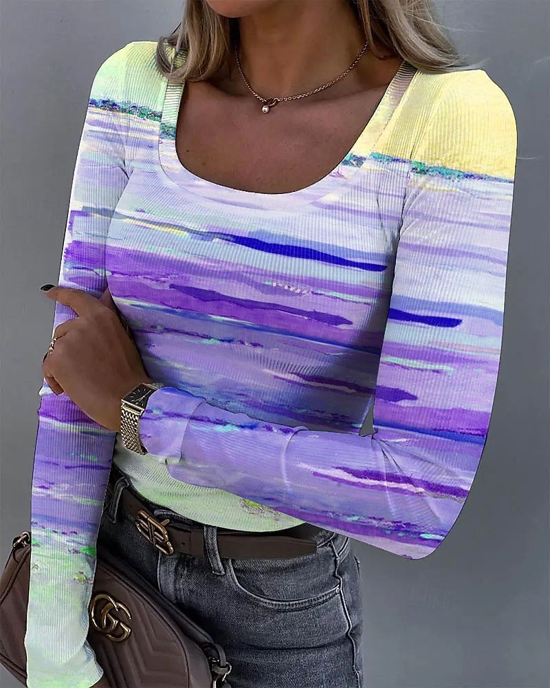 Femmes Tunique A Ombre Graphique ancien Mode Élégant manche longue Col carré Hauts Réguliers Quotidien Imprimé Rouge Bleu Violet Vert Été Printemps Automne de 2025 ? $24.99 –P3