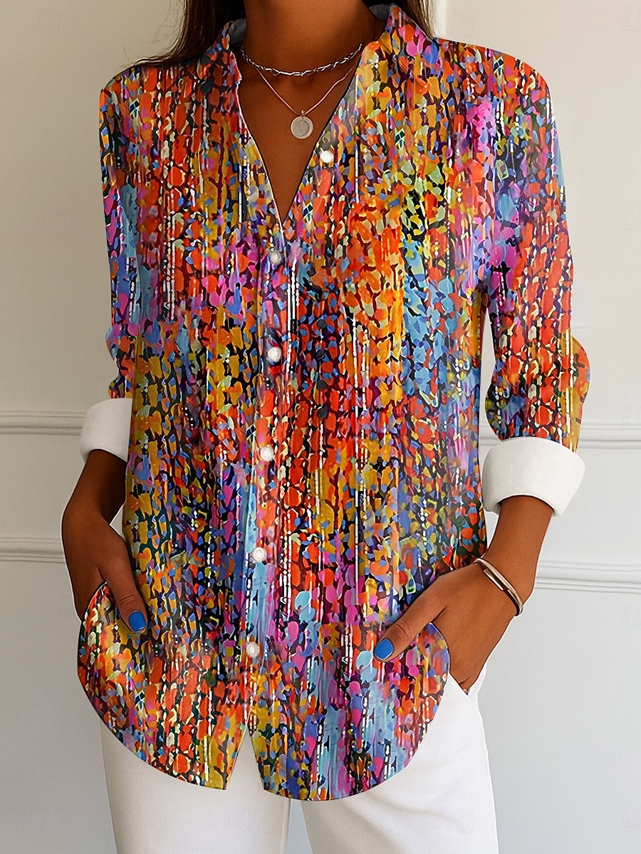 Femmes Chemise A Ombre Graphique Élégant ancien Tropical manche longue Col de chemise Hauts Réguliers Travail Quotidien Boutons Imprimé Bleu Violet Orange Vert Été Printemps de 2025 ? $32.99 –P1