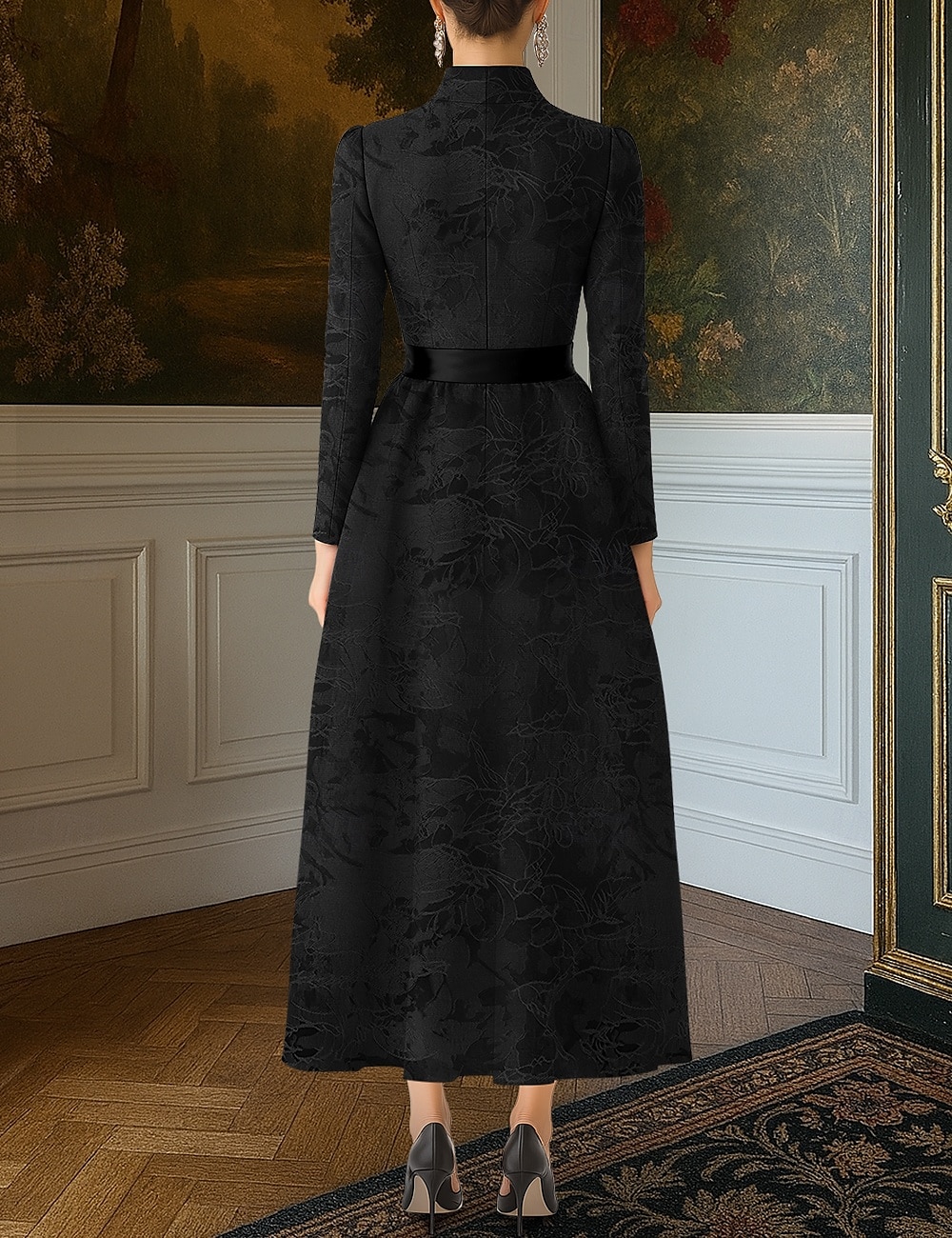 Svart slips jacquard brokade a-linje aftenkjole elegant kjole formell bryllup gulvlang langermet v-hals lomme nylon med sløyfe(r) stropper 2025 2025 - $142.99 –P2