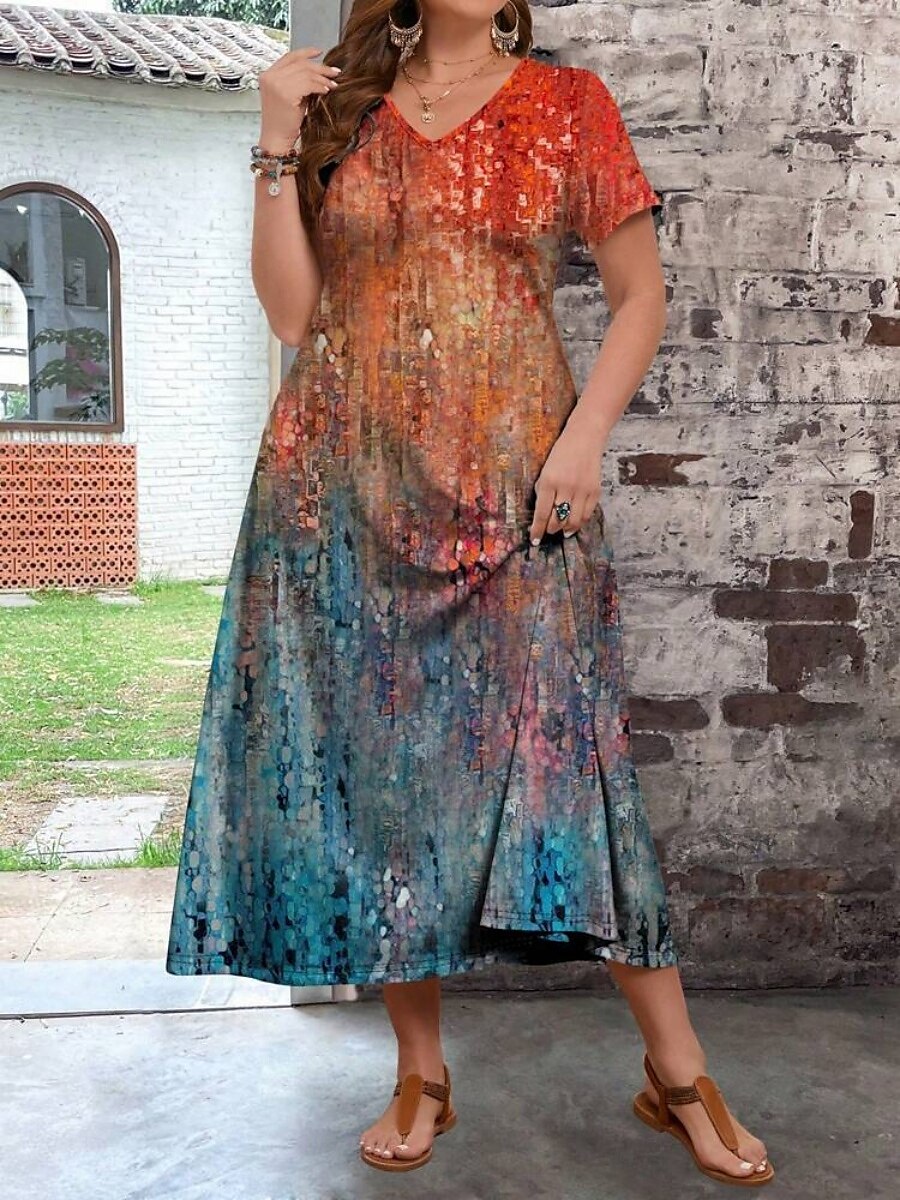 Damen Übergröße Freizeitkleid Ombre V Ausschnitt Kurzarm Sommer Frühling Mode Modern Lässig Maxikleid Ferien Wochenende Kleid 2025 - $28.99 –P1