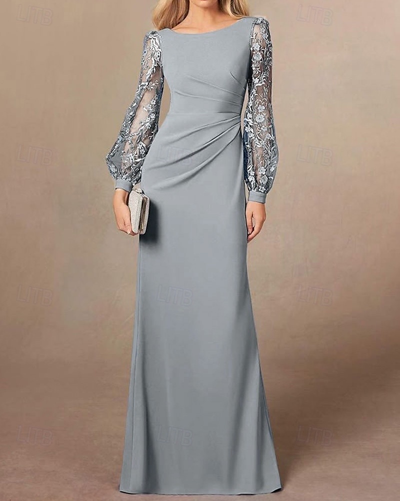 Abito Madre della Sposa Sheath  Column Blu Polveroso Elegante Semplice Minimalista Collo a Barchetta Lunghezza Piena Crepe Elasticizzato Manica Lunga con Ricamo in Pizzo del 2025 a $149.99 –P4