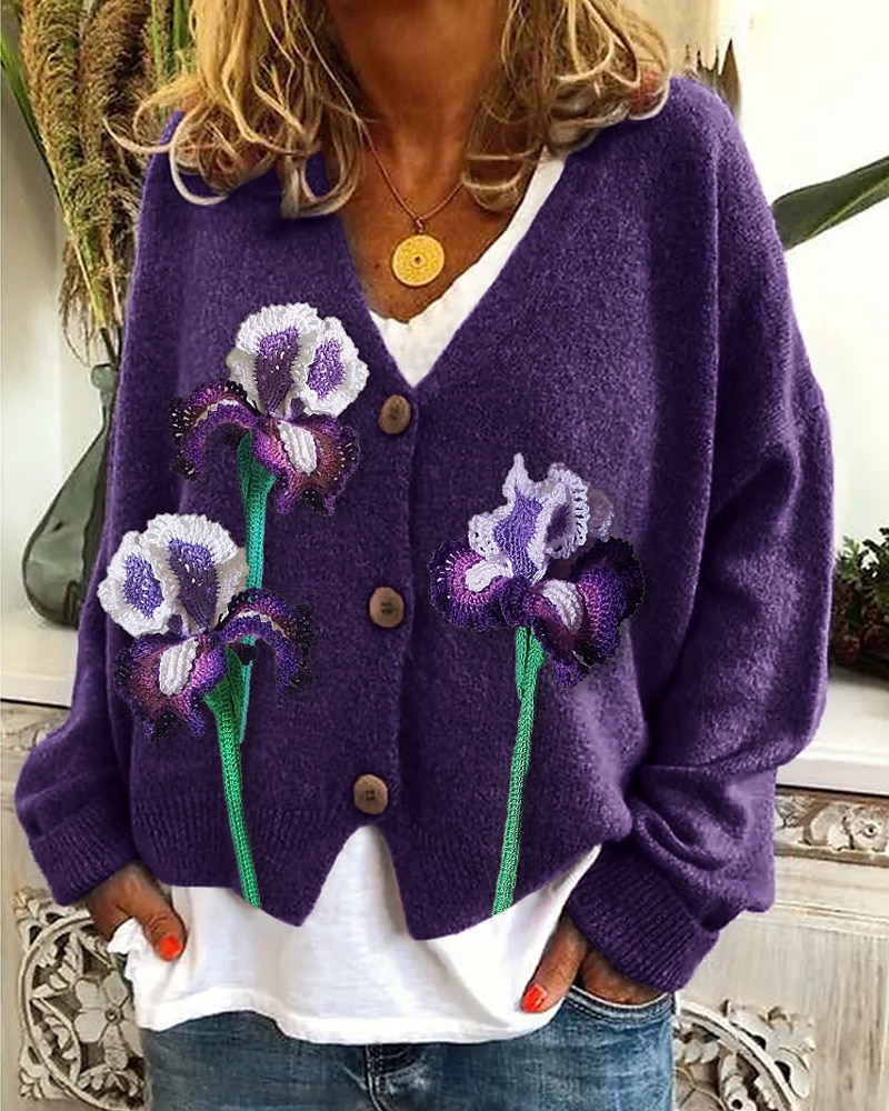 Dames Trui Vest Modieus Streetwear Dagelijks Bloemig Geribd Open voorzijde Gebreid Afdrukken Lange mouw Lange tops breien Feestdagen Uitgaan Weekend Geel blauw Herfst Winter 2026 - $31.99 –P3