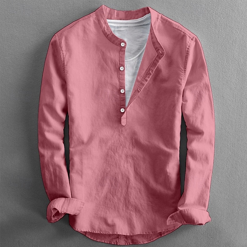 Homens Camisa de linho Camisa Popover camisa de verão Roupa de Praia Camisa casual Camisa de colarinho de banda Tecido Casual Diário Preto Branco Rosa Laranja Manga Longa Colarinho Primavera Verão de 2026 por $25.99 –P12