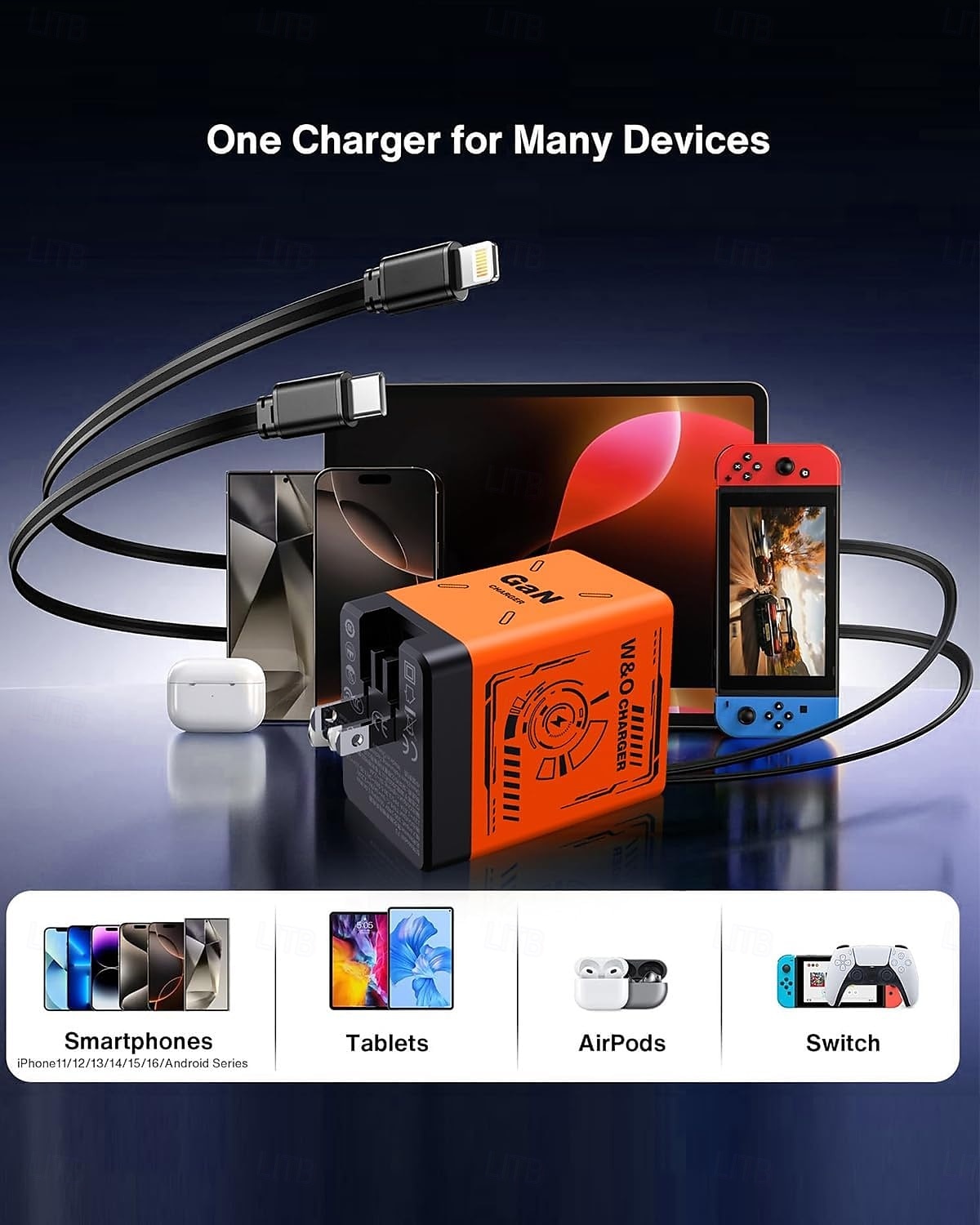 45W GaN Charger Fast Charging,Retractable Phone Charger Wall Plug with Lightening and Type-C Cables, for Phone, Android and More 2025 - $25.99 –P4