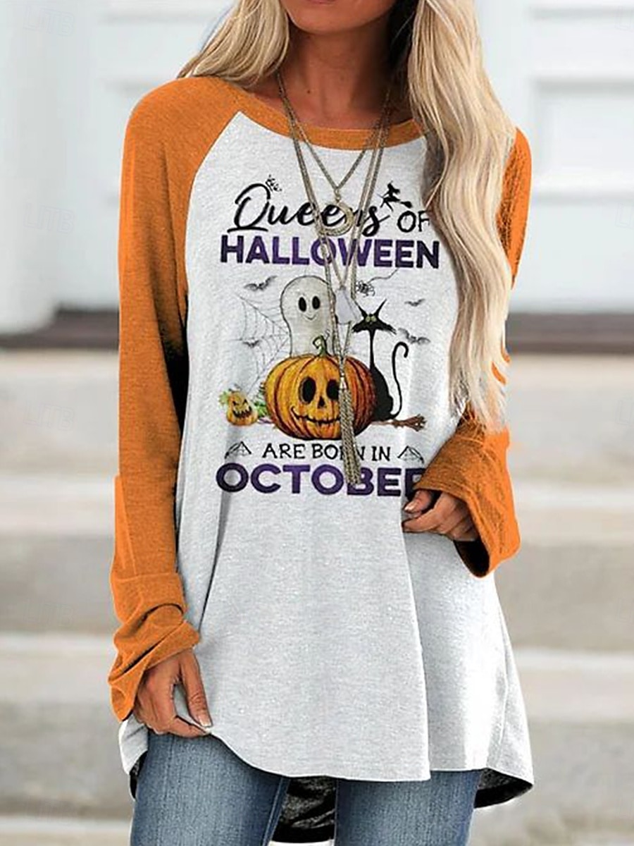 Halloween Dame T skjorte Grafisk Halloween Årgang Stilfull Fritid Langermet Crew-hals Lange topper Daglig Trykt mønster Svart Hvit Gul Oransje Vår Høst 2025 - $24.99 –P3