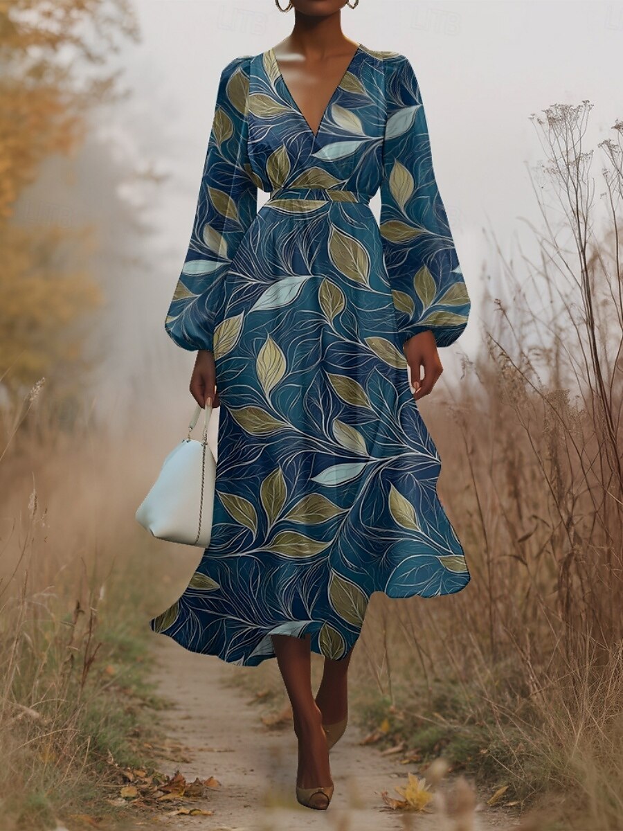 Damen Midikleid Freizeitkleid Chiffon Schwingkleid Modern Urlaub Täglich Wochenende Normale Passform Blumen Langarm V Ausschnitt Blau Grün Dunkelblau Sommer Frühling Herbst 2025 - $31.99 –P5