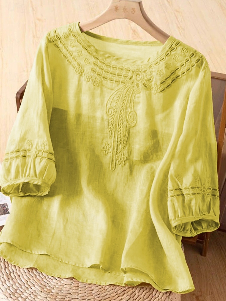 Mulheres Camisa Social Camisas de algodão e linho Blusa Côr Sólida Básico Casual Manga 3/4 Gola Redonda Tops regulares Diário Renda Patchwork Preto Amarelo Rosa Verde Verão de 2025 por $10.99 –P10