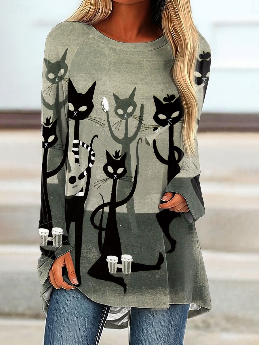 Halloween Femmes T-shirt Graphique Animal ancien Élégant Classique manche longue Col ras du cou Col rond Hauts Longs Quotidien Imprimé Rose Claire Bleu Vert Printemps Automne de 2025 ? $24.99 –P1