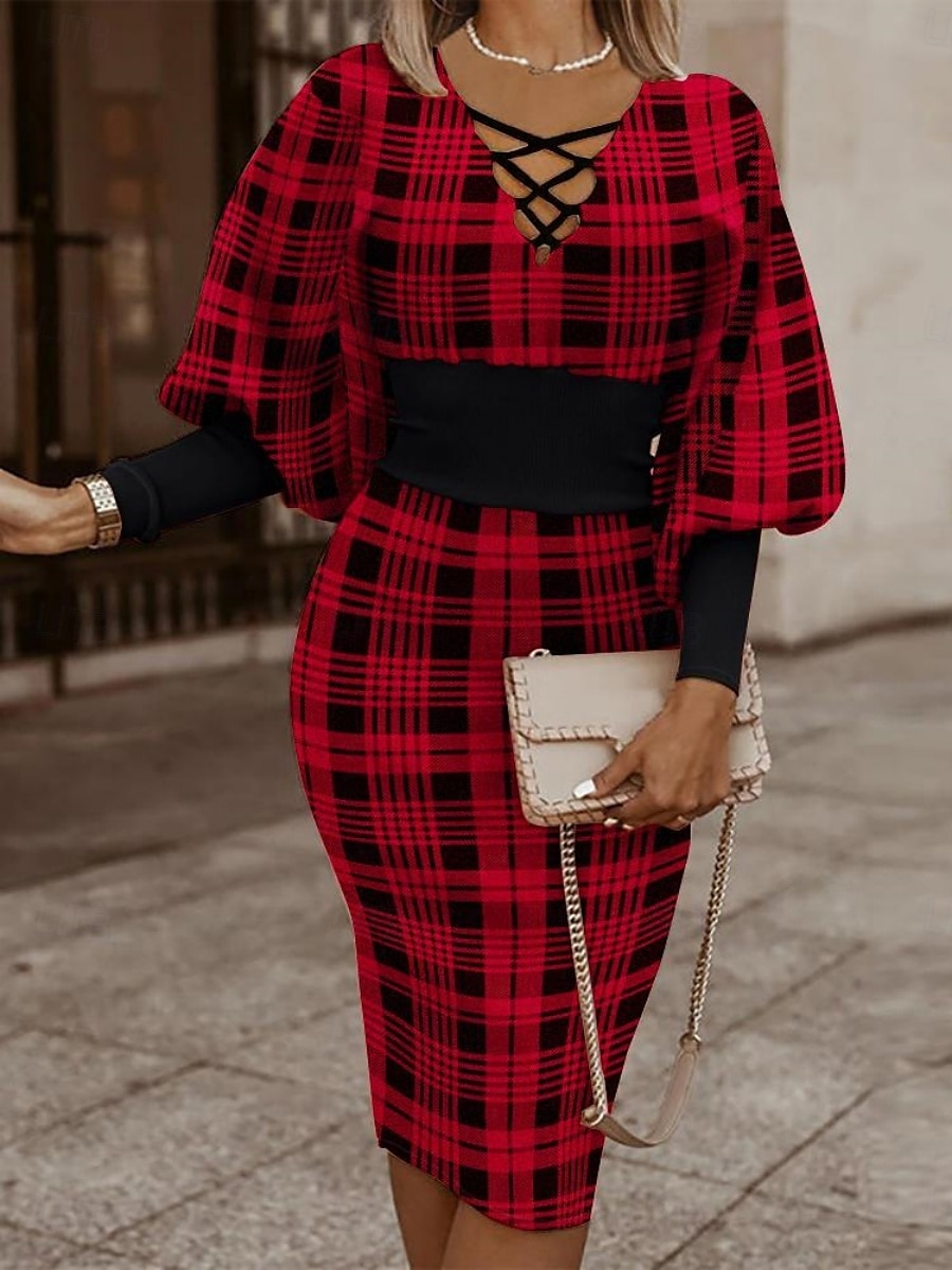Per donna Abito Midi Abito aderente Abiti semi formali Ufficio Vestibilità regolare Geometrico Manica Lunga Scollo a V Nero Bianco Rosso Oro Primavera Autunno Inverno del 2025 a $31.99 –P2