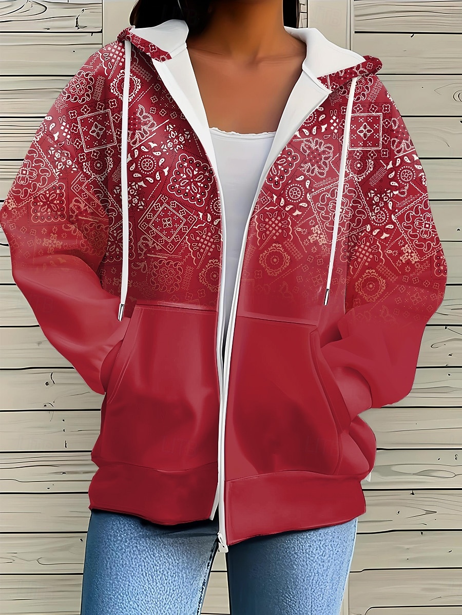 Giacca felpa con cappuccio da donna a maniche lunghe con zip e tasca leggera casual over size a righe geometriche attiva vintage sportiva con cordoncino nera rosa rossa blu arancione primavera autunno del 2026 a $36.99 –P2
