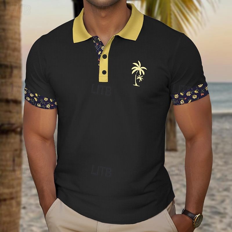 Kentucky Derby Herren Karomuster Palme Golfshirt Kurzarm Polo-Shirts Hemden mit Kragen Lässig Strandbekleidung Urlaubskleidung Tropenkleidung Party-Outfits Knöpfe 3D-Druck Sommer Schwarz Wei 2025 - $22.99 –P5