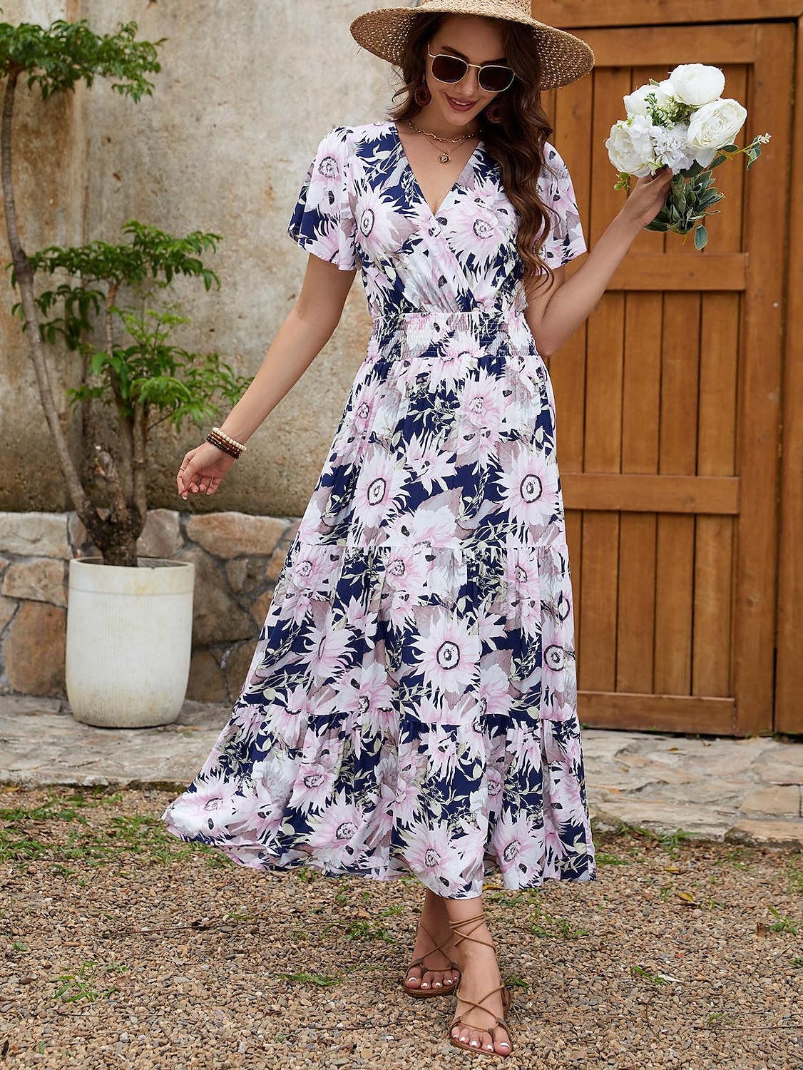 Women's Maxi Dress Sundress A Line Dress Vacation Party Casual Butterfly Sleeve Party Going out Beach Tailored Fit Floral Graphic Short Sleeve V Neck color Summer 2025 - $32.99 –P6