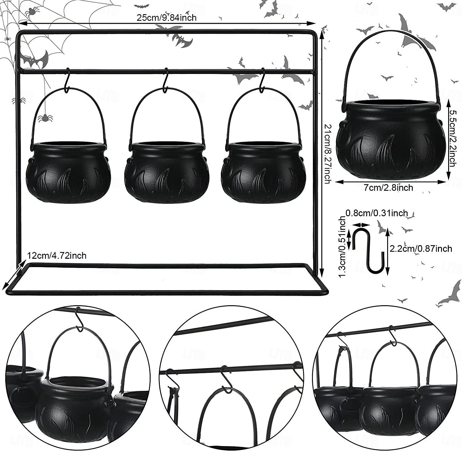 Halloween Cauldrons Serving Bowl Decor, Set of 3/6/9 Hanging Black Plastic Cauldron Bowls with Iron Rack, Large and Mini Cauldrons Candy Bucket Punch Bowls for Table Witch Hocus Pocus Party 2026 - $19.99 –P2