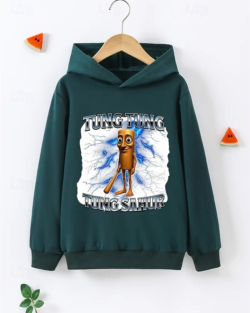 Pojkars avslappnad långärmad huvtröja med tung tung tung sahur-tryck vår höst mode streetwear barn 4-12 år huva utomhus daglig normal passform 2025 - $18.99 –P4