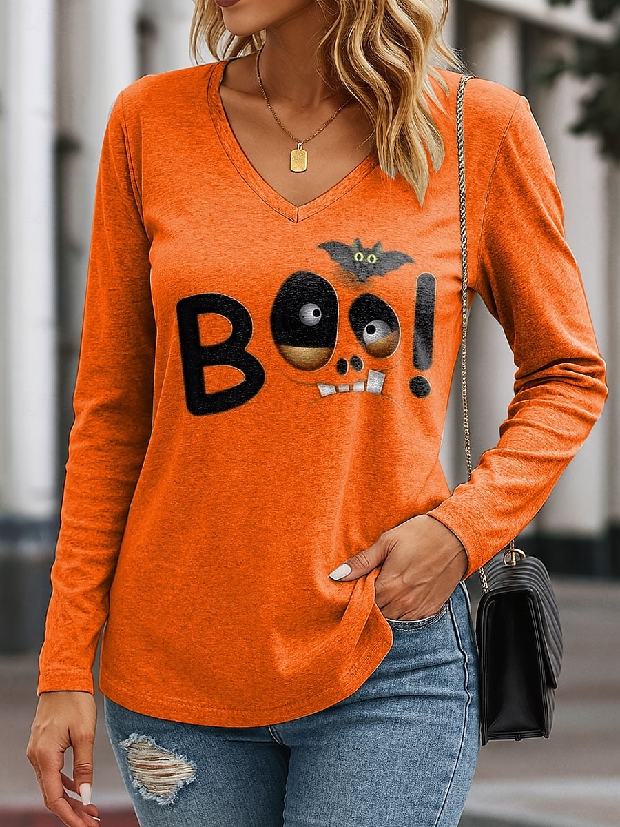 Halloween Dame T skjorte Grafisk Bokstaver Halloween Elegant Årgang Stilfull Langermet V-hals Vanlige topper Daglig Ut på byen Helg Trykt mønster Blå Lilla Oransje Grønn Vår Høst 2025 - $22.99 –P1